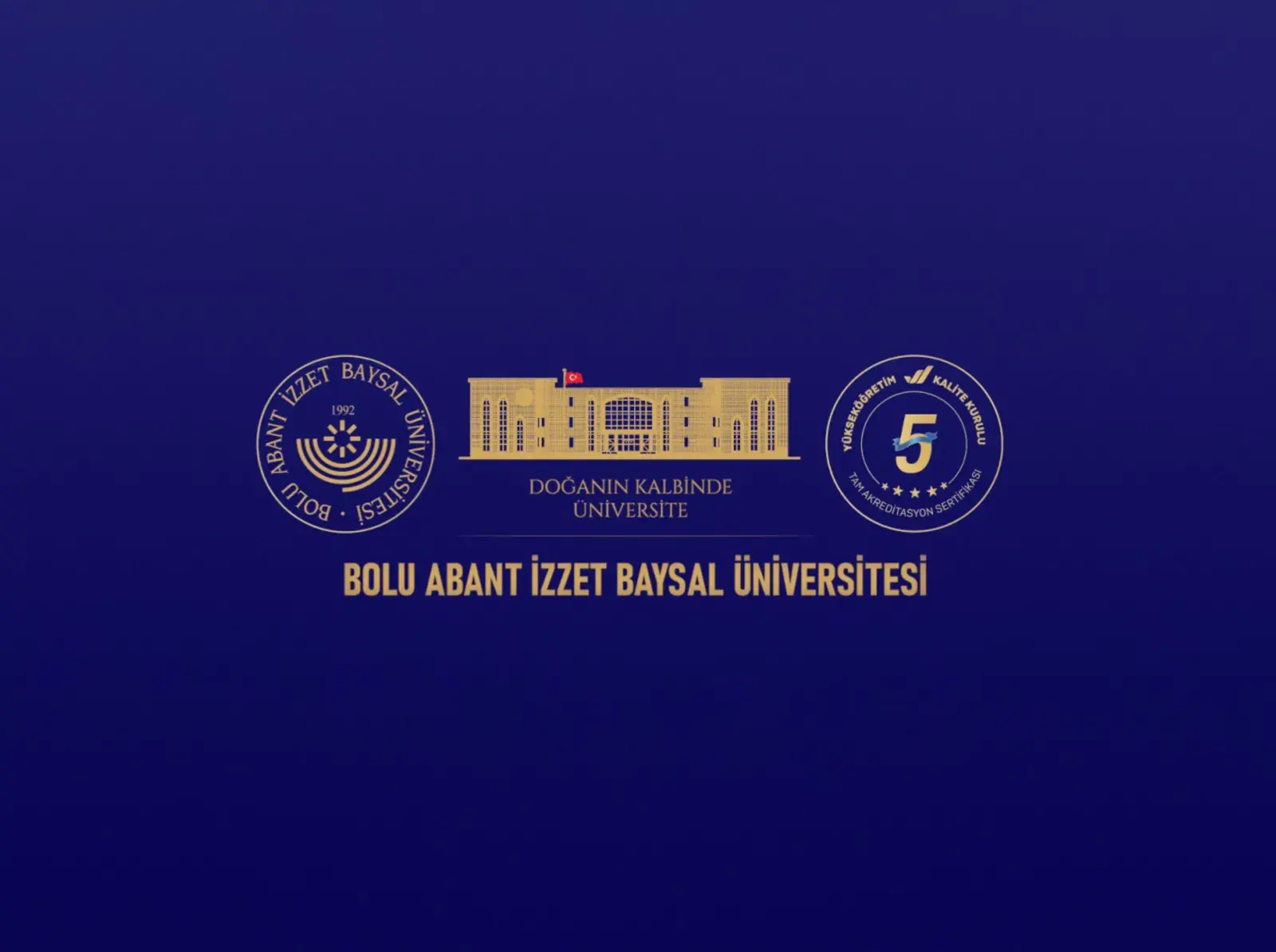 Lacivert zemin üzerinde altın renkli BAİBÜ logoları