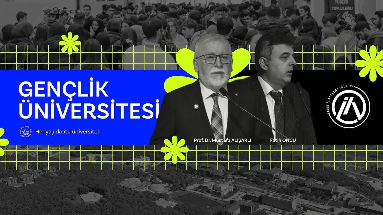 Gençlik Üniversitesi tanıtım filmi kapağı: konuşmacılar ve yeşil grafik öğeler