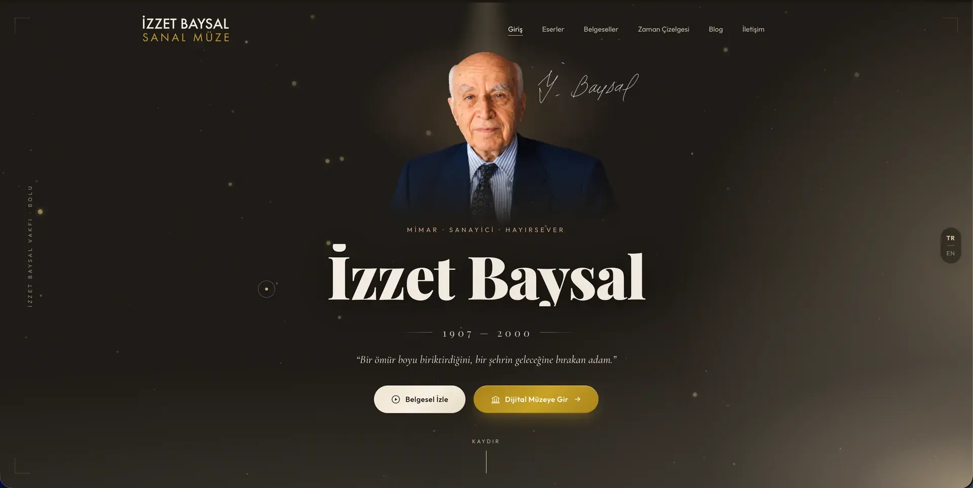 İzzet Baysal Sanal Müze ana sayfası: İzzet Baysal portresi, 'Belgeseli İzle' ve 'Dijital Müzeye Gir' butonları