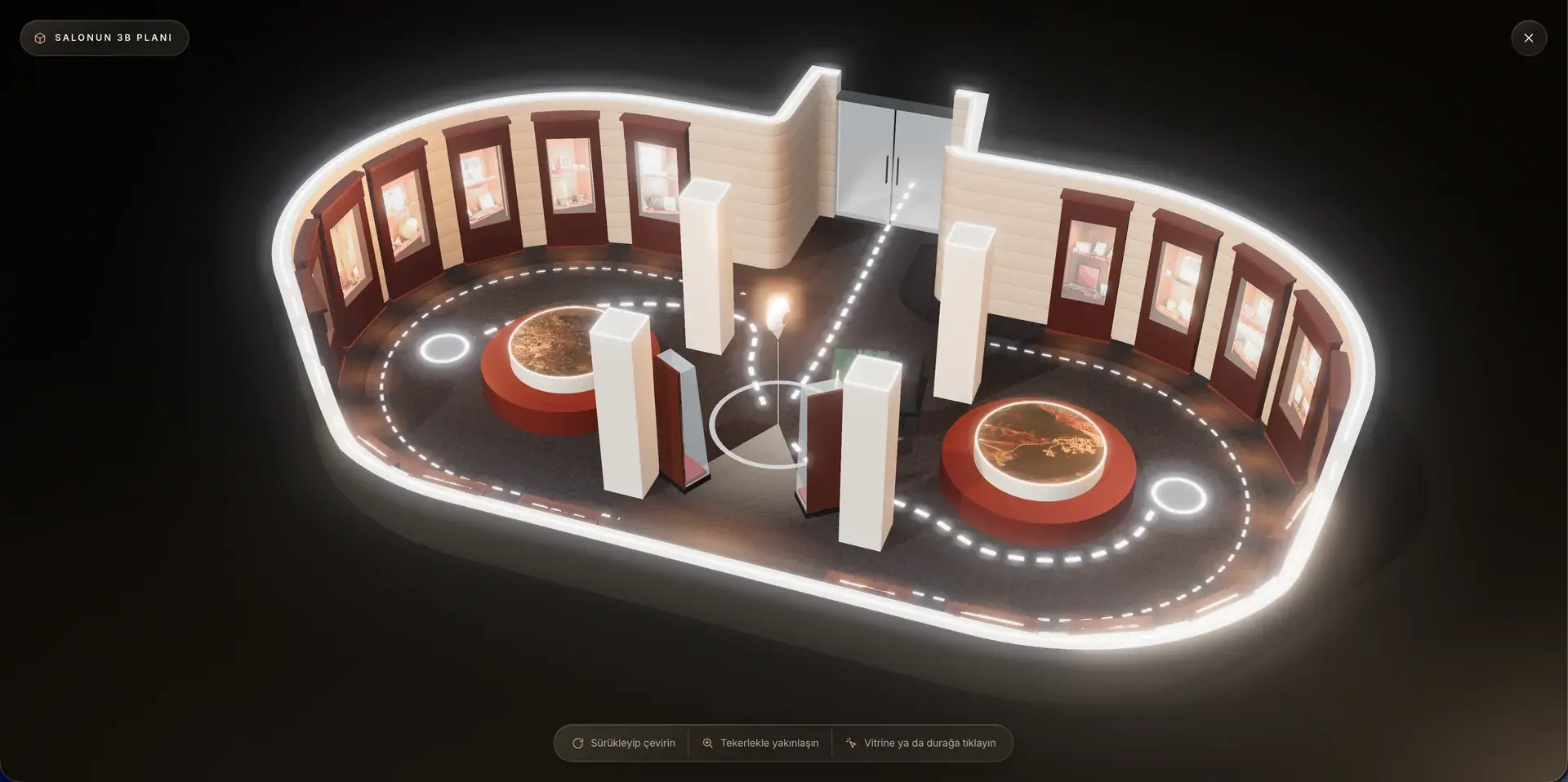 Sergi salonunun etkileşimli 3B planı: vitrinler ve gezinti rotası